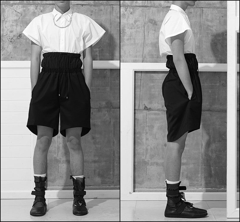 Black Short / Elasticated High Waistband Sarrouel Japanese Wide Leg Cotton Trouser Yoga Pant / Unisex - Ofelya Boutique