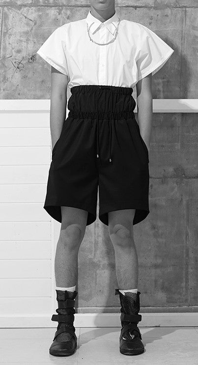 Black Short / Elasticated High Waistband Sarrouel Japanese Wide Leg Cotton Trouser Yoga Pant / Unisex - Ofelya Boutique