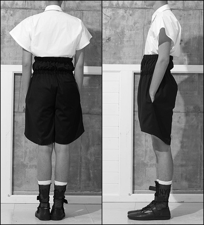 Black Short / Elasticated High Waistband Sarrouel Japanese Wide Leg Cotton Trouser Yoga Pant / Unisex - Ofelya Boutique