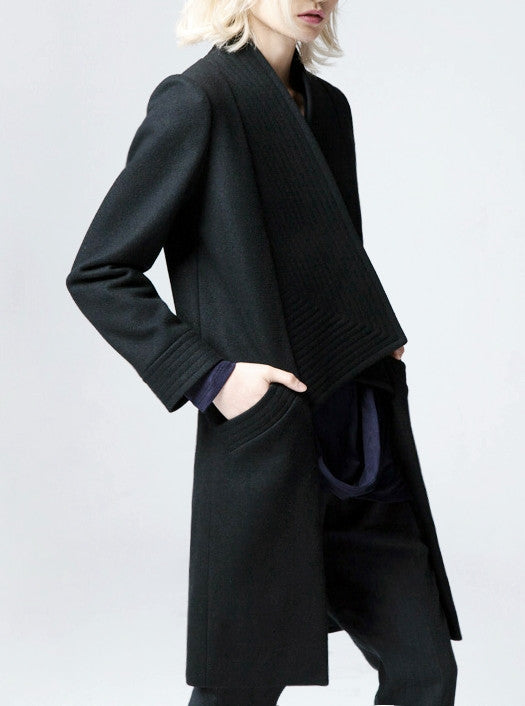 Winter Back Long Quilted Collar Red -Black Woolen Coat Jacket// Short in Front Long Back Loose - Ofelya Boutique