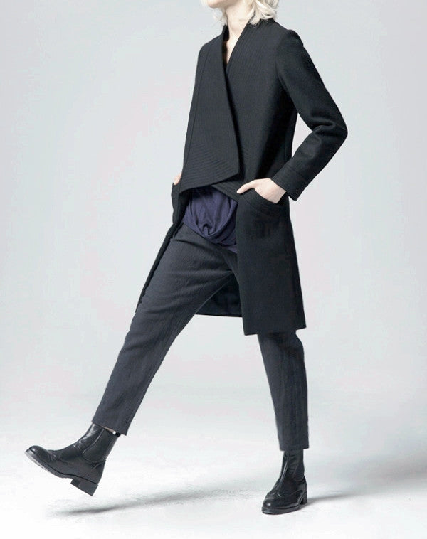 Winter Back Long Quilted Collar Red -Black Woolen Coat Jacket// Short in Front Long Back Loose - Ofelya Boutique