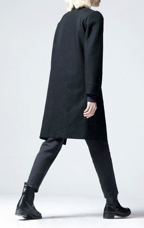 Winter Back Long Quilted Collar Red -Black Woolen Coat Jacket// Short in Front Long Back Loose - Ofelya Boutique