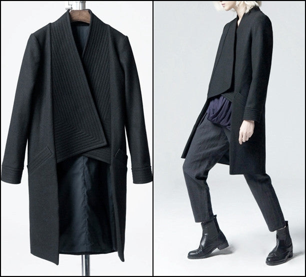 Winter Back Long Quilted Collar Red -Black Woolen Coat Jacket// Short in Front Long Back Loose - Ofelya Boutique