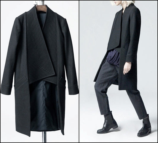 Winter Back Long Quilted Collar Red -Black Woolen Coat Jacket// Short in Front Long Back Loose - Ofelya Boutique