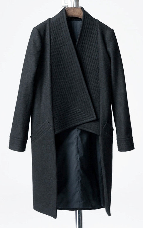 Winter Back Long Quilted Collar Red -Black Woolen Coat Jacket// Short in Front Long Back Loose - Ofelya Boutique