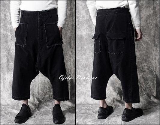 Stretchy Cotton Sarouel Big Front Pocket Drop Croth Pant Trouser - Ofelya Boutique