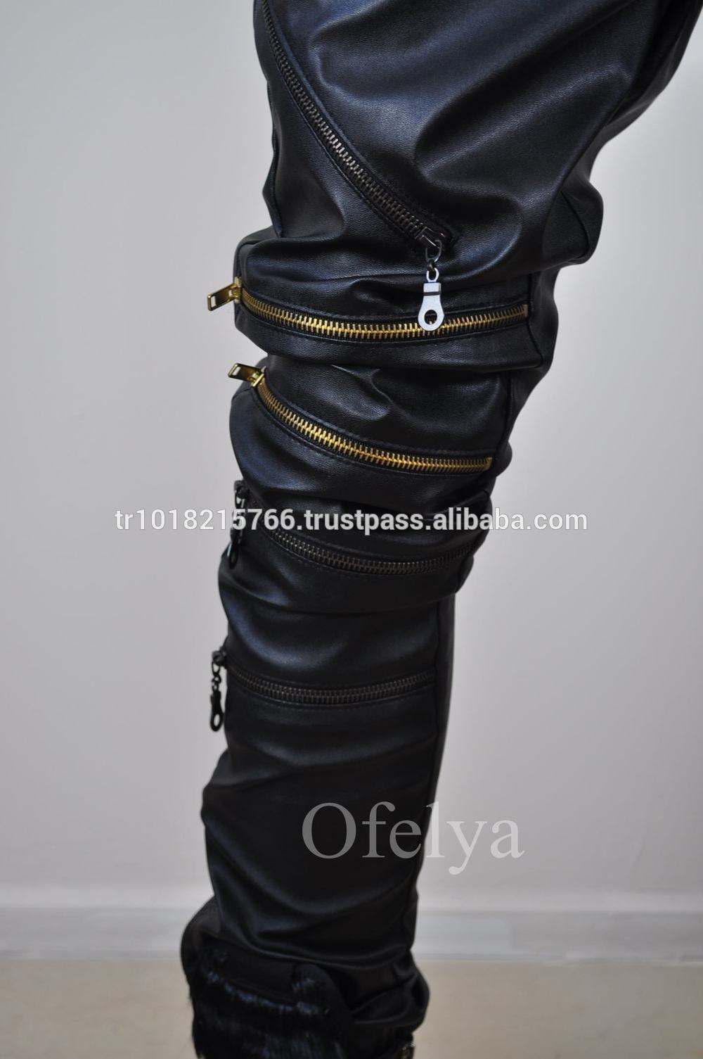 Biker Drop Crotch Side Pocket False Zippers Knee Side Leather Harem Pants