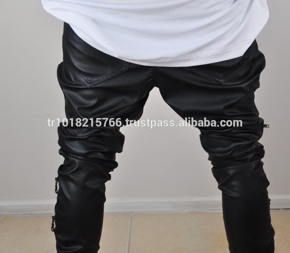Biker Drop Crotch Side Pocket False Zippers Knee Side Leather Harem Pants