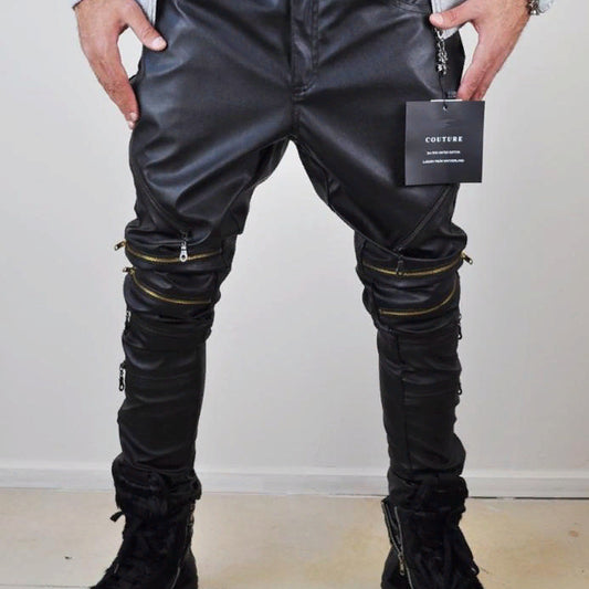 Biker Drop Crotch Side Pocket False Zippers Knee Side Leather Harem Pants