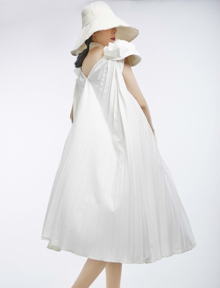 V-Neck Sleeveless Stitch Pleated Loose Plus Size Dress Women Fashion