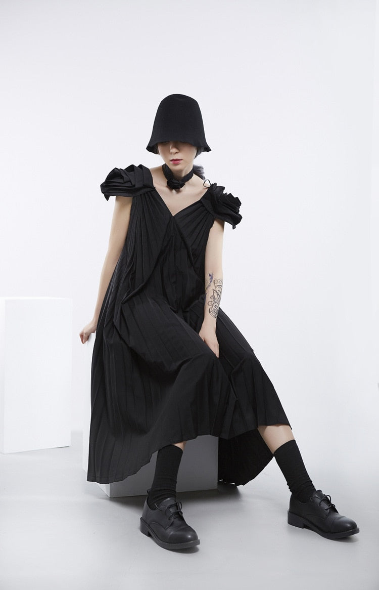 V-Neck Sleeveless Stitch Pleated Loose Plus Size Dress Women Fashion