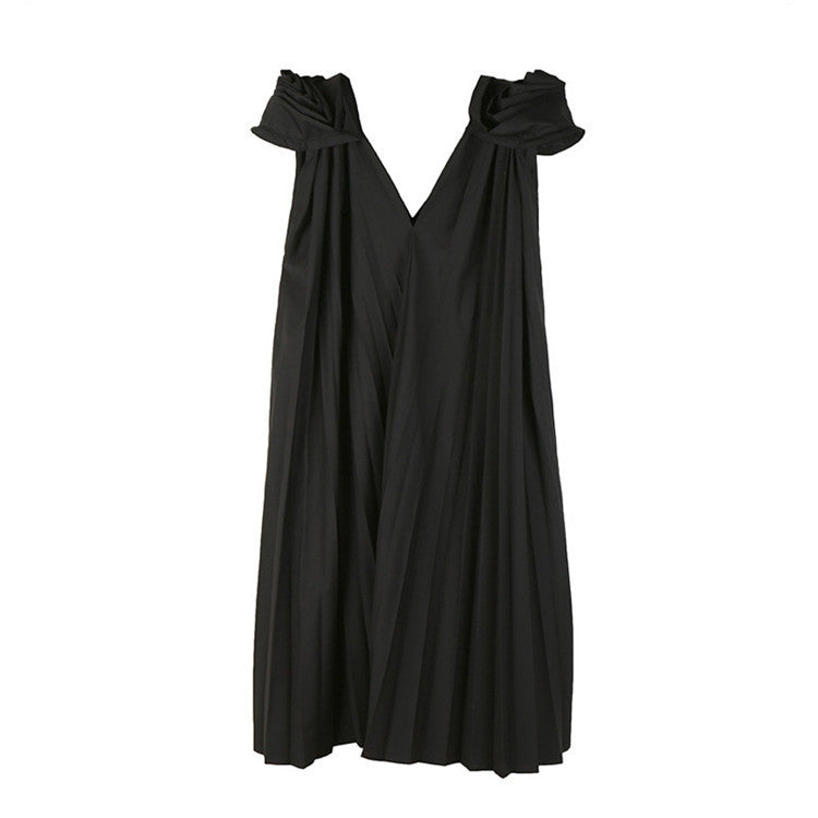 V-Neck Sleeveless Stitch Pleated Loose Plus Size Dress Women Fashion
