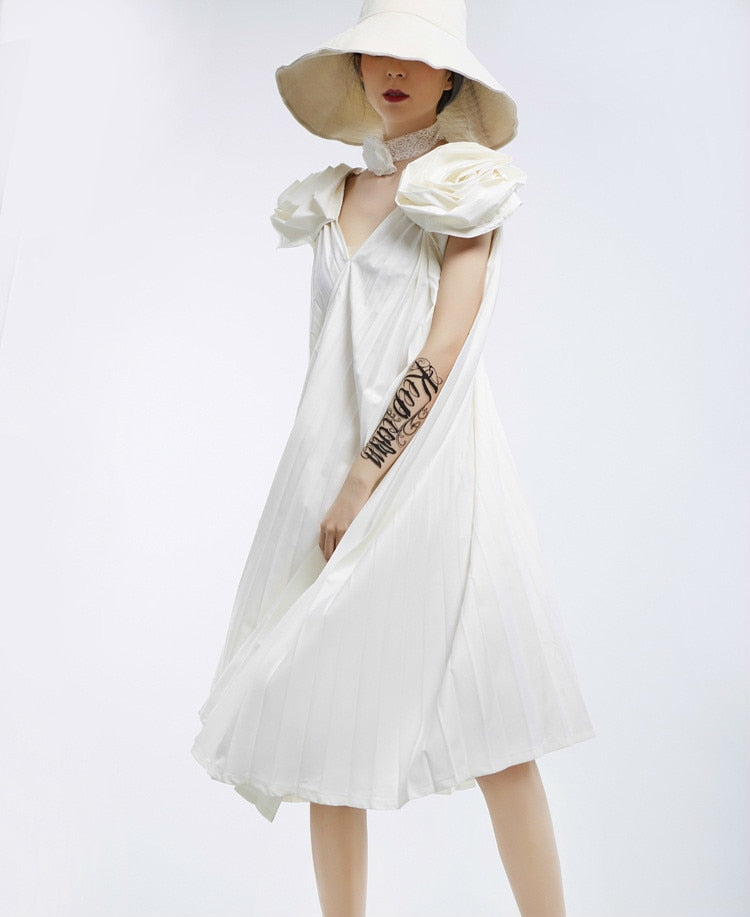 V-Neck Sleeveless Stitch Pleated Loose Plus Size Dress Women Fashion