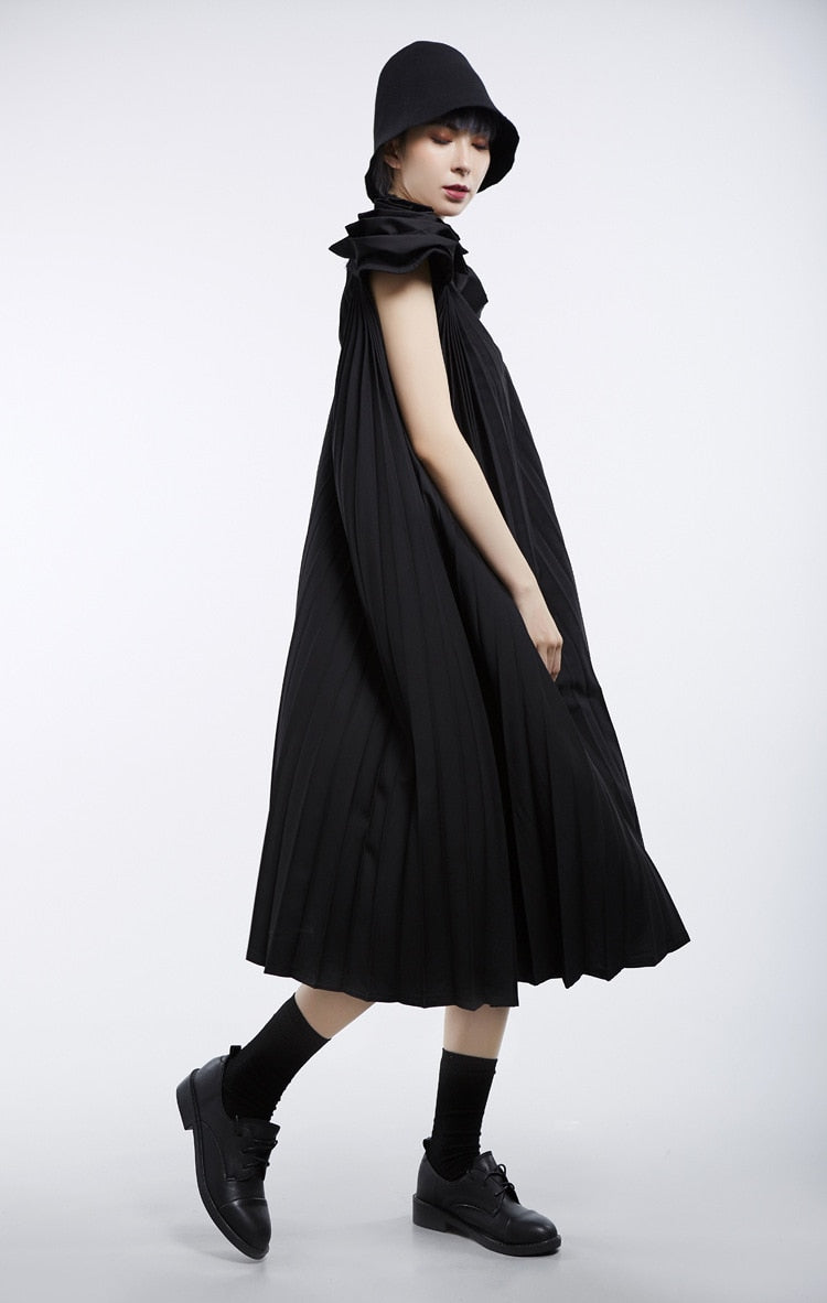 V-Neck Sleeveless Stitch Pleated Loose Plus Size Dress Women Fashion