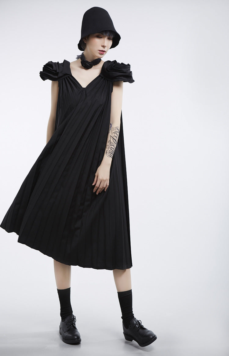V-Neck Sleeveless Stitch Pleated Loose Plus Size Dress Women Fashion