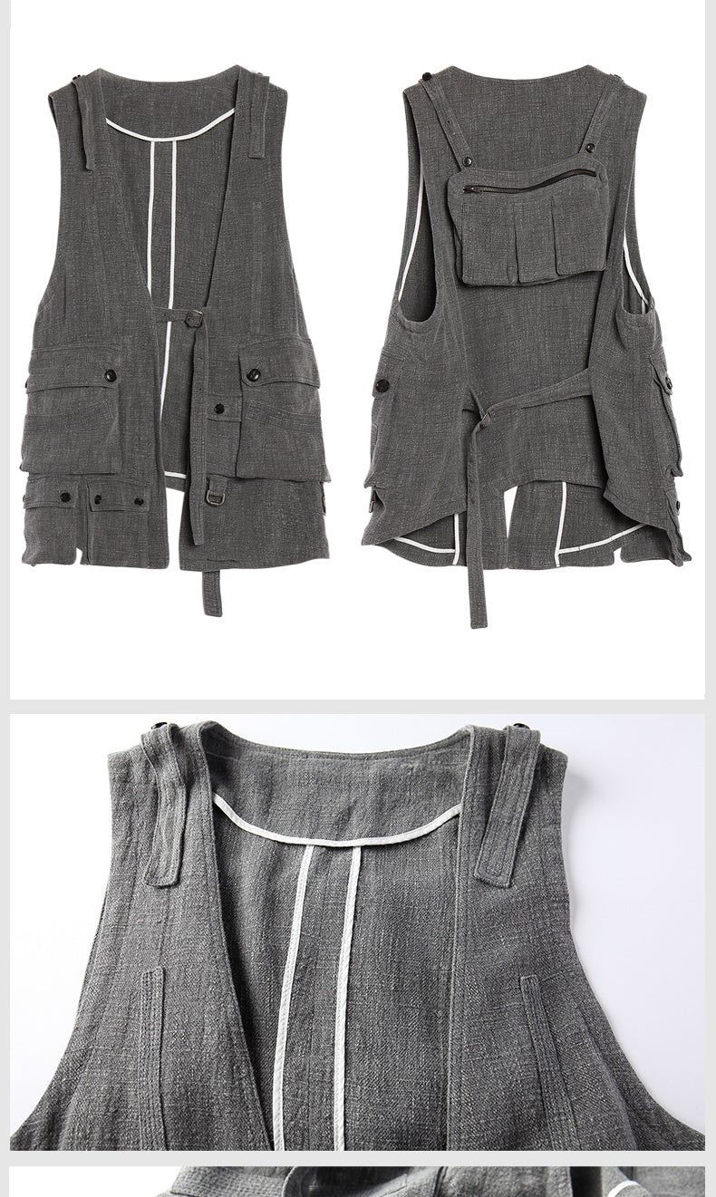 Original Men's New Linen Long Casual Jacket Multi-pocket Tactical