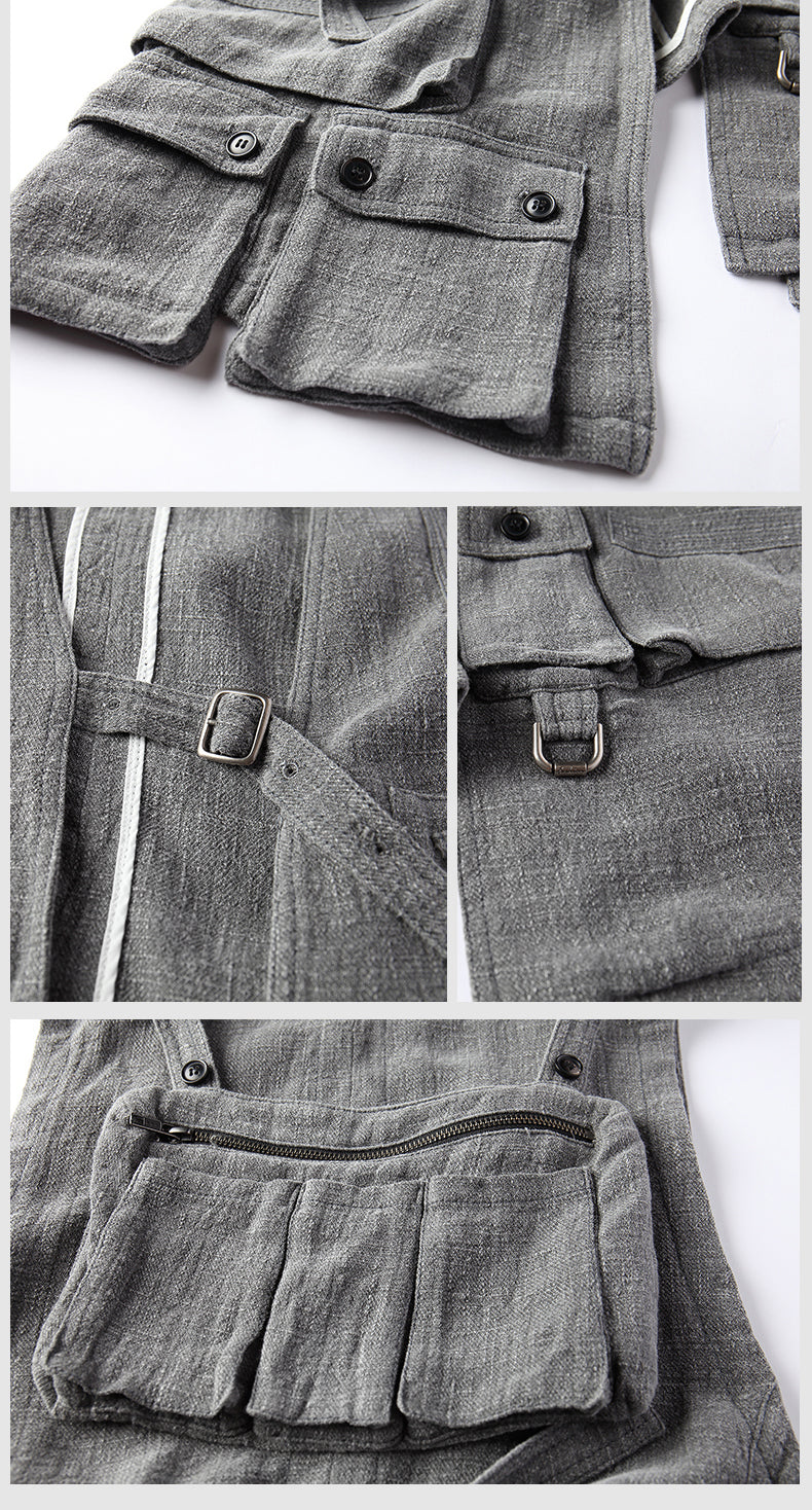 Original Men's New Linen Long Casual Jacket Multi-pocket Tactical