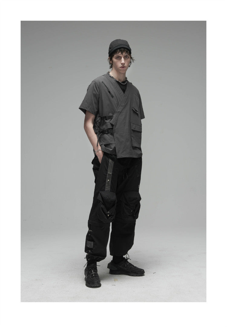 Korean Style Function Robe Vest Multi Tooling Loose Kimono Jacket Men
