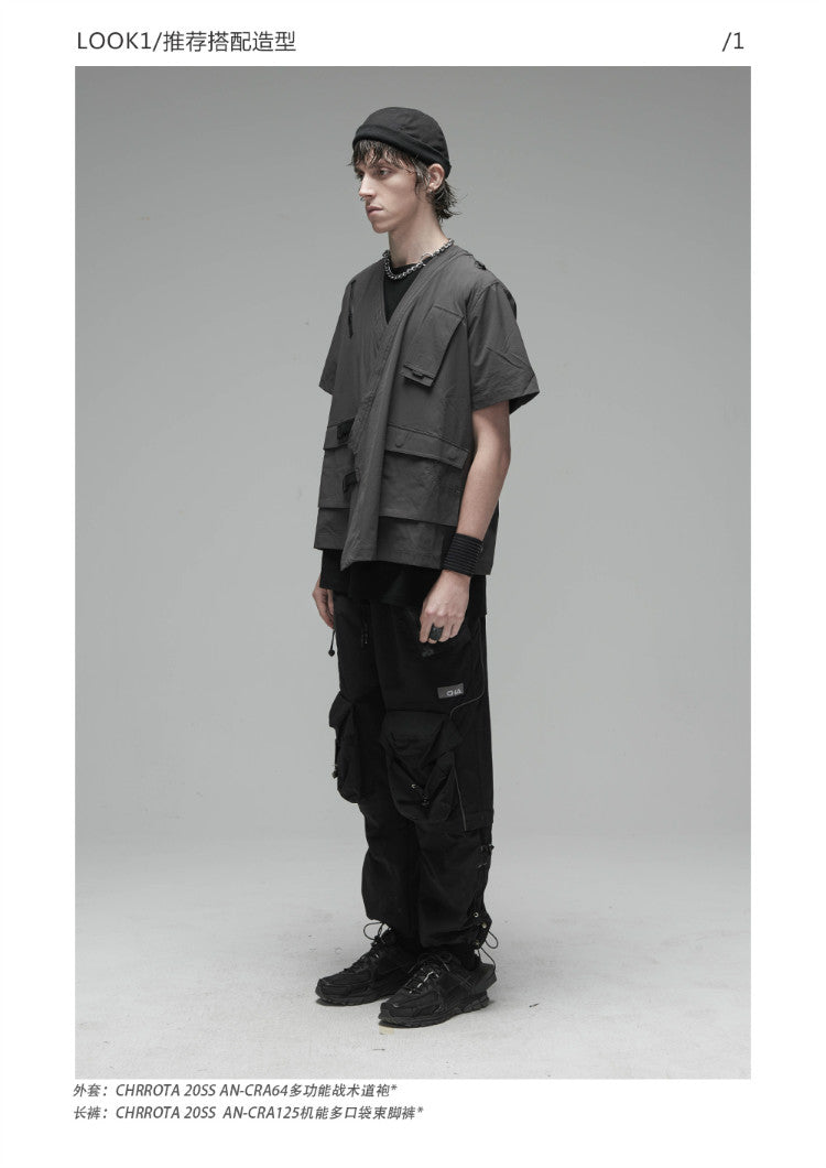 Korean Style Function Robe Vest Multi Tooling Loose Kimono Jacket Men