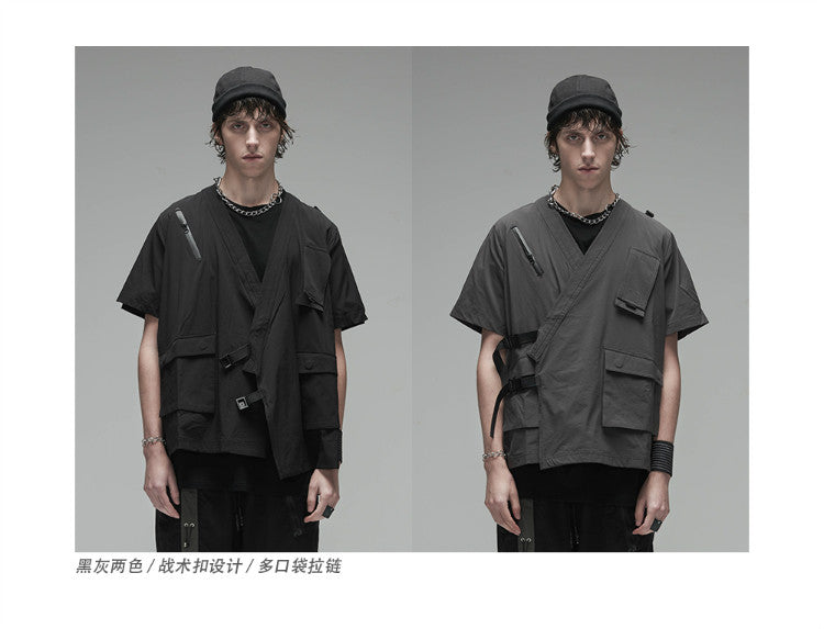 Korean Style Function Robe Vest Multi Tooling Loose Kimono Jacket Men