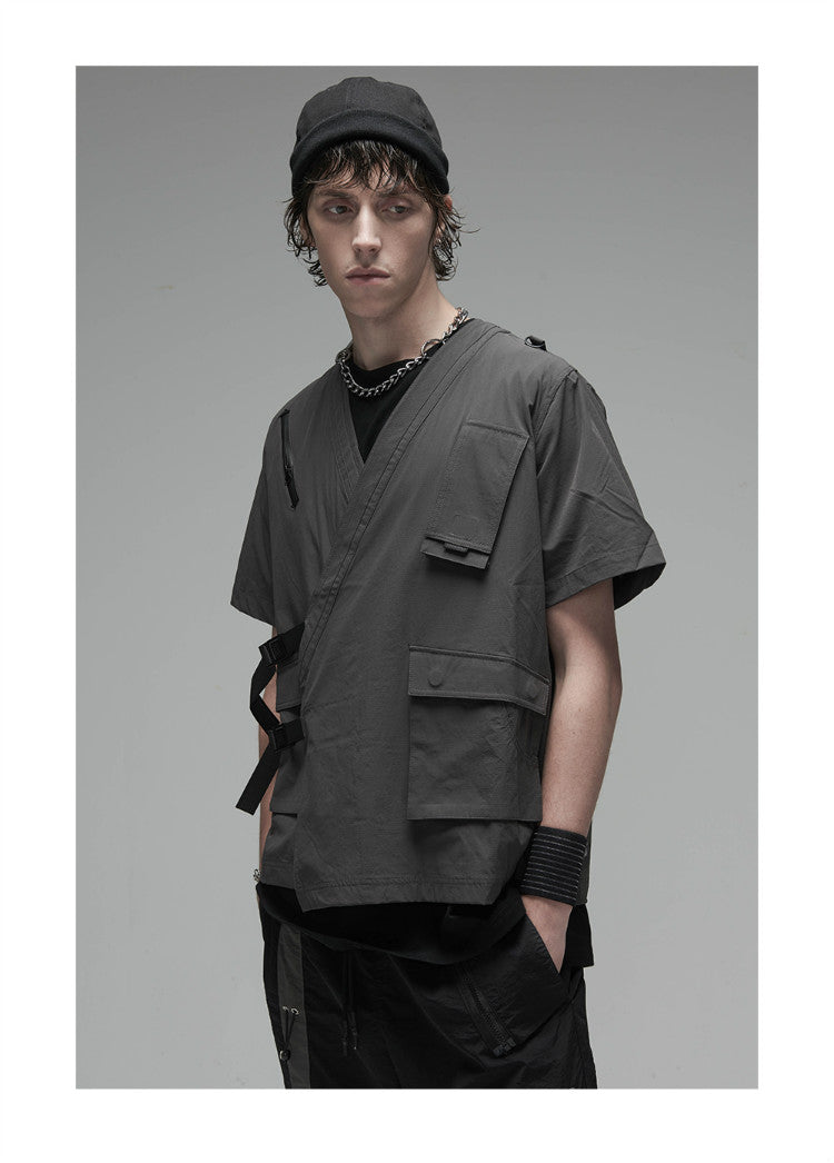 Korean Style Function Robe Vest Multi Tooling Loose Kimono Jacket Men