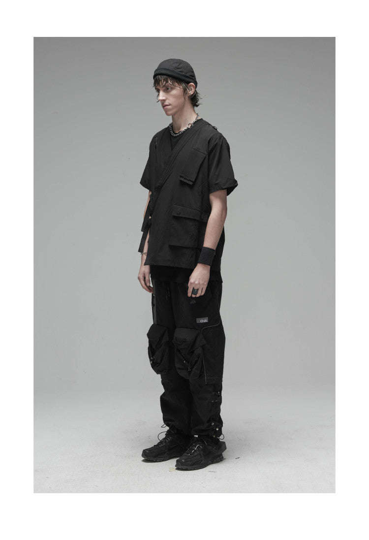 Korean Style Function Robe Vest Multi Tooling Loose Kimono Jacket Men