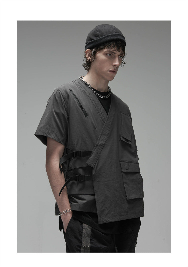 Korean Style Function Robe Vest Multi Tooling Loose Kimono Jacket Men
