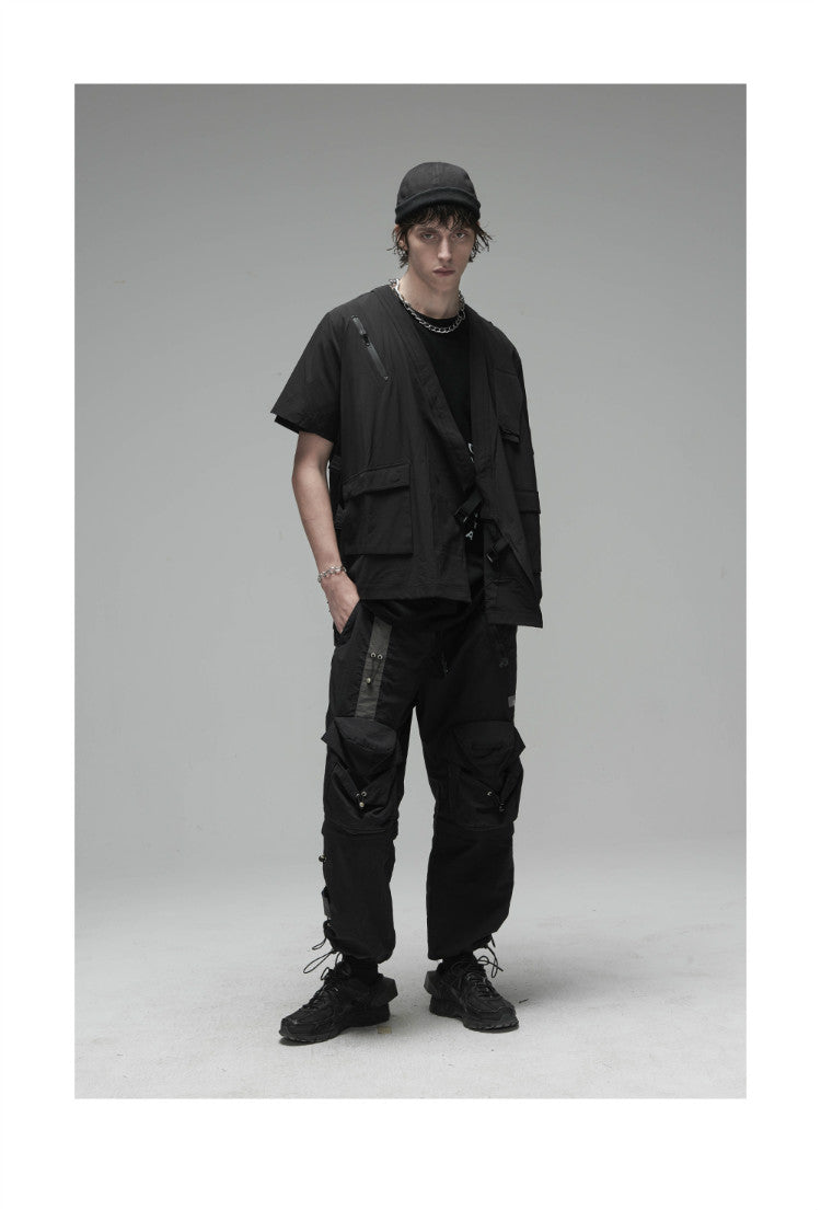 Korean Style Function Robe Vest Multi Tooling Loose Kimono Jacket Men