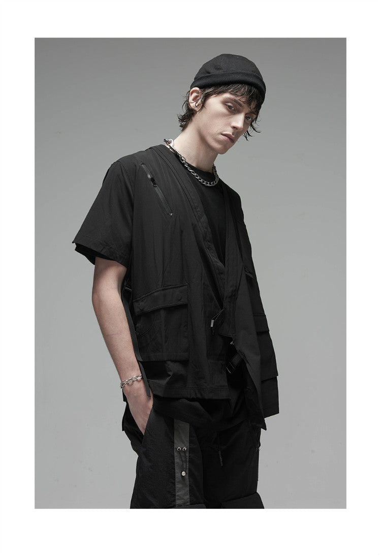 Korean Style Function Robe Vest Multi Tooling Loose Kimono Jacket Men