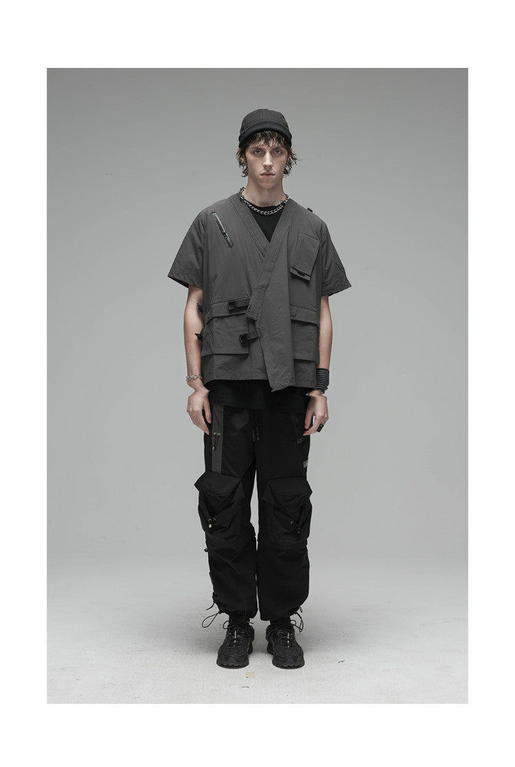 Korean Style Function Robe Vest Multi Tooling Loose Kimono Jacket Men