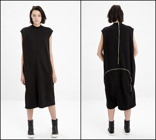 Black Cotton Jersey Zip Detail at Lower Back Bodybag Jumpsuit - Ofelya Boutique