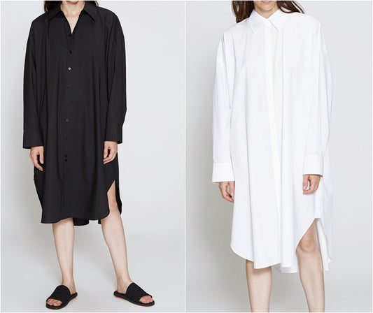Oversized Shirtdress Black Long Sleeve Poplin / Pointed collar
