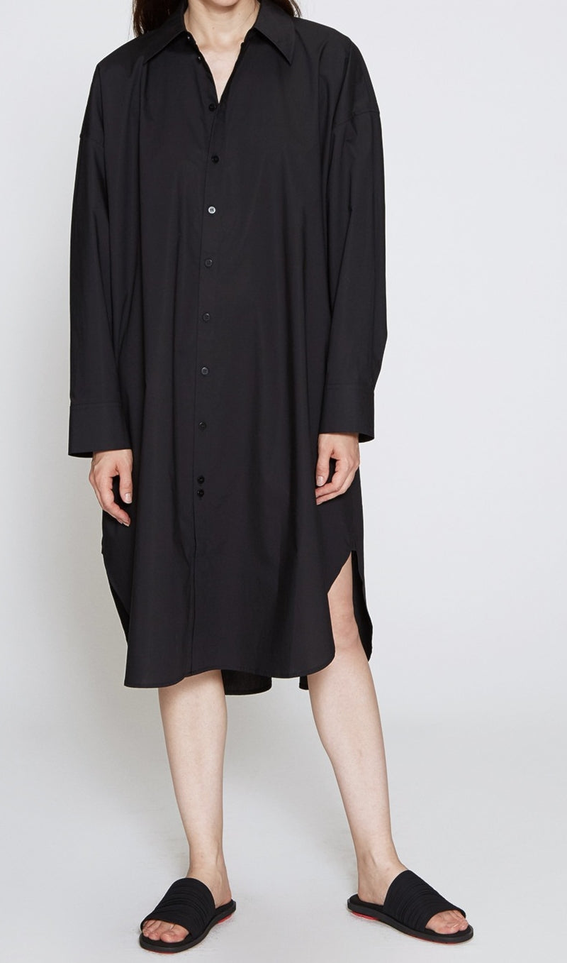 Oversized Shirtdress Black Long Sleeve Poplin / Pointed collar