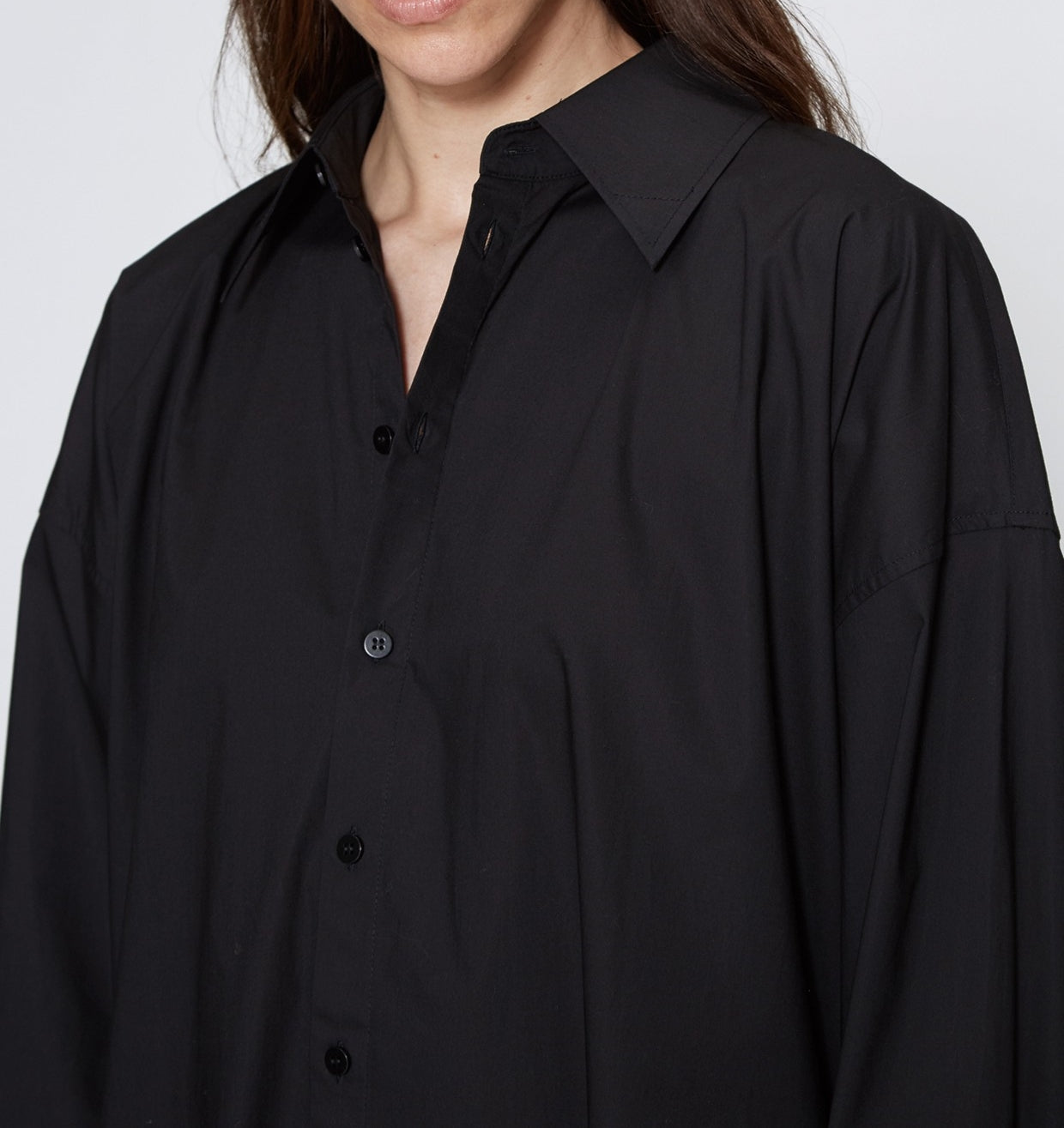 Oversized Shirtdress Black Long Sleeve Poplin / Pointed collar