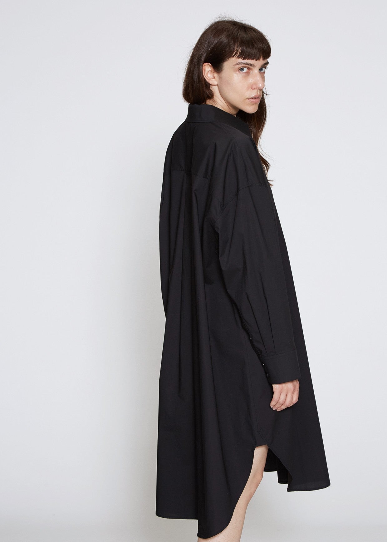 Oversized Shirtdress Black Long Sleeve Poplin / Pointed collar