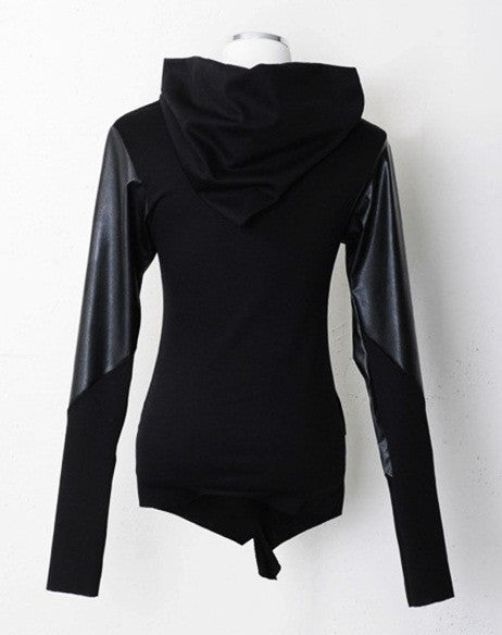 Asymmetric Zip Cowl Zip-up Hooded Leather Mix Jersey Jacket - Ofelya Boutique