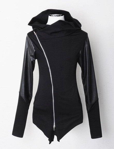 Asymmetric Zip Cowl Zip-up Hooded Leather Mix Jersey Jacket - Ofelya Boutique