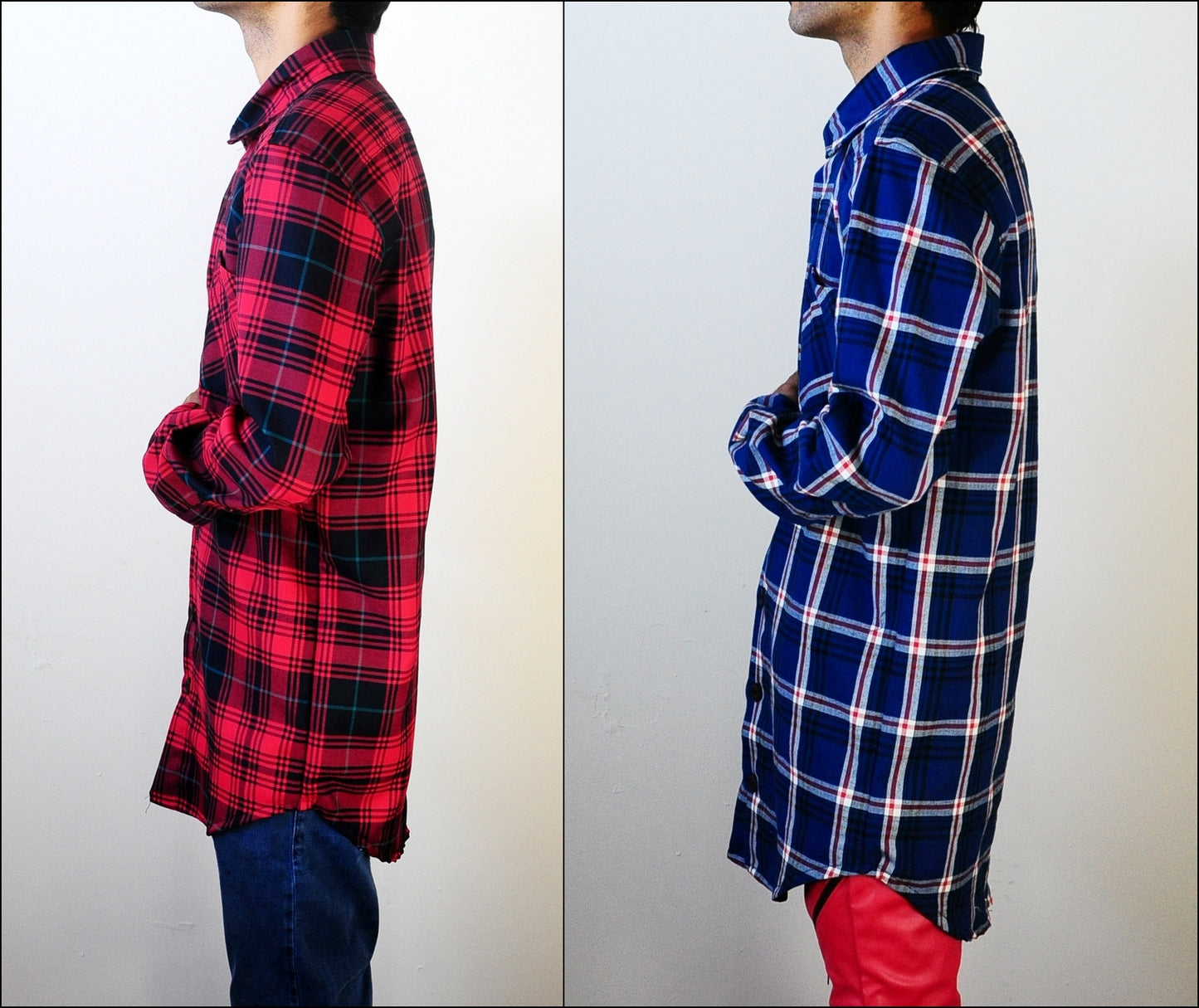 Rear Back-YKK Zip Slim Fit Long Sleeve Flannel Plaid Check Shirt Button Front Shirt - Red//Blue- - Ofelya Boutique