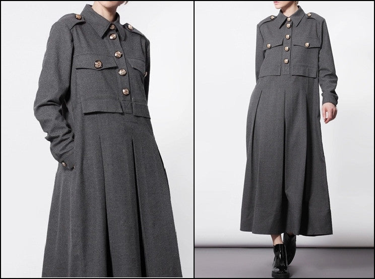 Woolblend Front Button Closure Floor Long Military Style Dress - Ofelya Boutique