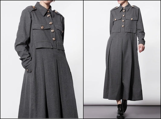 Woolblend Front Button Closure Floor Long Military Style Dress - Ofelya Boutique
