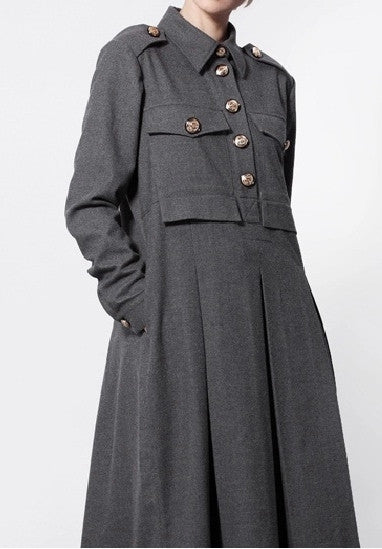 Woolblend Front Button Closure Floor Long Military Style Dress - Ofelya Boutique