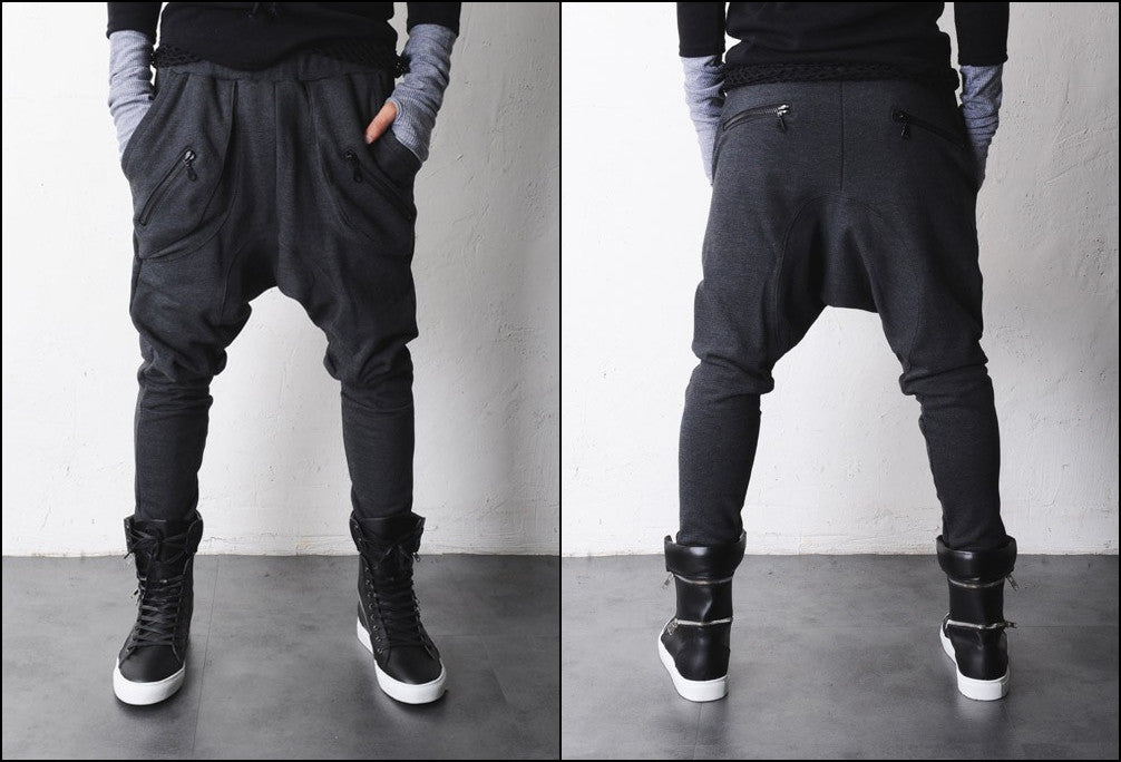 Mens Low Drop Crotch Harem Zippered Pocket Baggy Sweatpants /Trouser - Ofelya Boutique