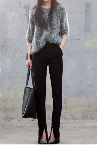 Women's Crepe Trouser Slim Fit Ankle Slit // pencil pants trousers - Ofelya Boutique