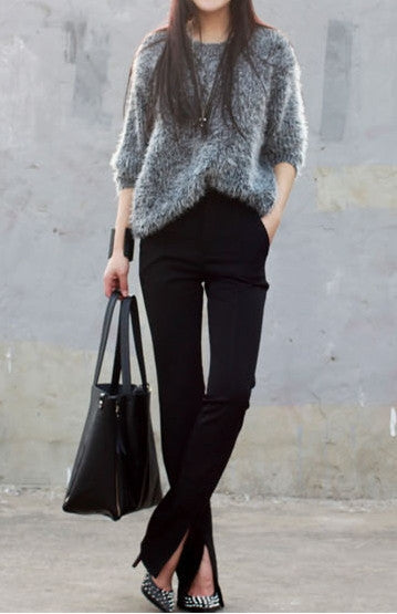 Women's Crepe Trouser Slim Fit Ankle Slit // pencil pants trousers - Ofelya Boutique