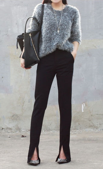 Women's Crepe Trouser Slim Fit Ankle Slit // pencil pants trousers - Ofelya Boutique