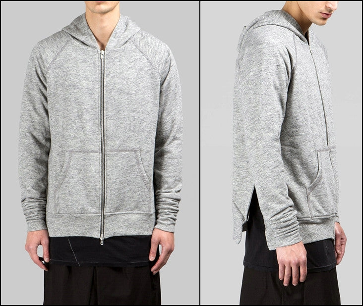 Men's Long Slim Extended Slevees Side Slits Pockets  - Side Splits // Zip Closure Hoodie - Ofelya Boutique