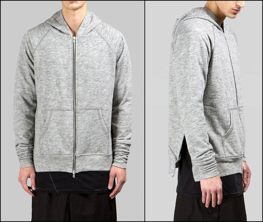 Men's Long Slim Extended Slevees Side Slits Pockets  - Side Splits // Zip Closure Hoodie - Ofelya Boutique