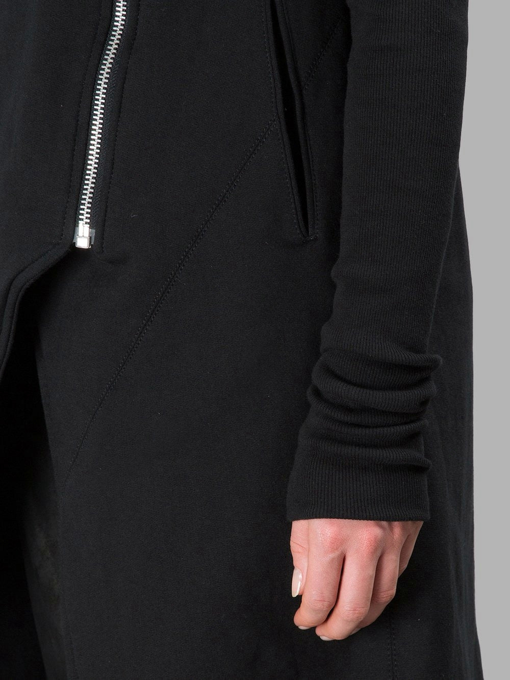 Asymmetric Front Cut Zip Closure/Overlong Rib Sleeve Hoodie -BB121 - Ofelya Boutique
