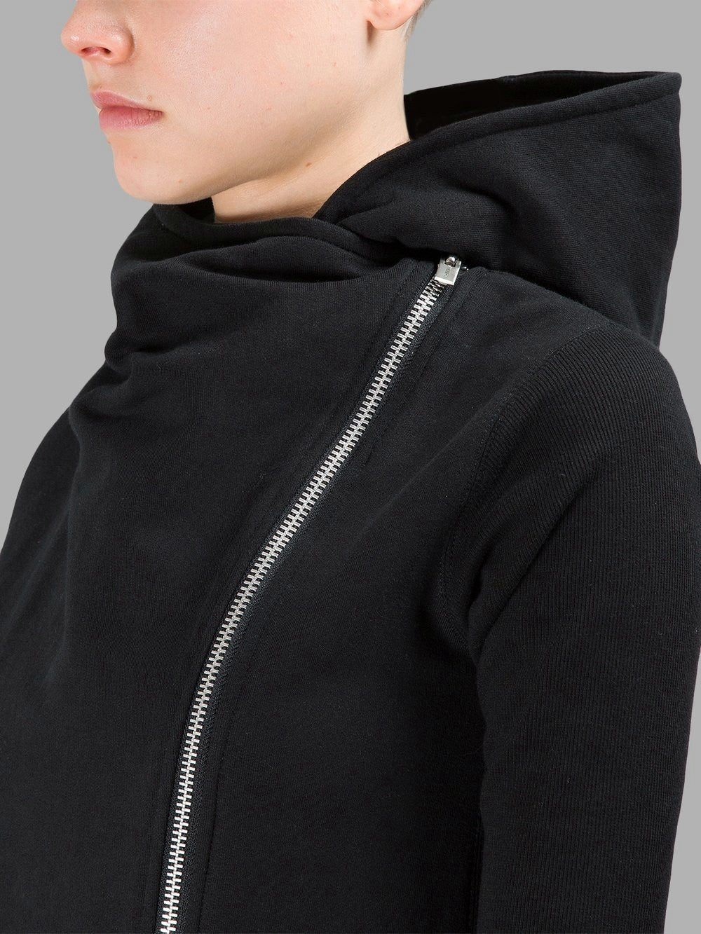 Asymmetric Front Cut Zip Closure/Overlong Rib Sleeve Hoodie -BB121 - Ofelya Boutique