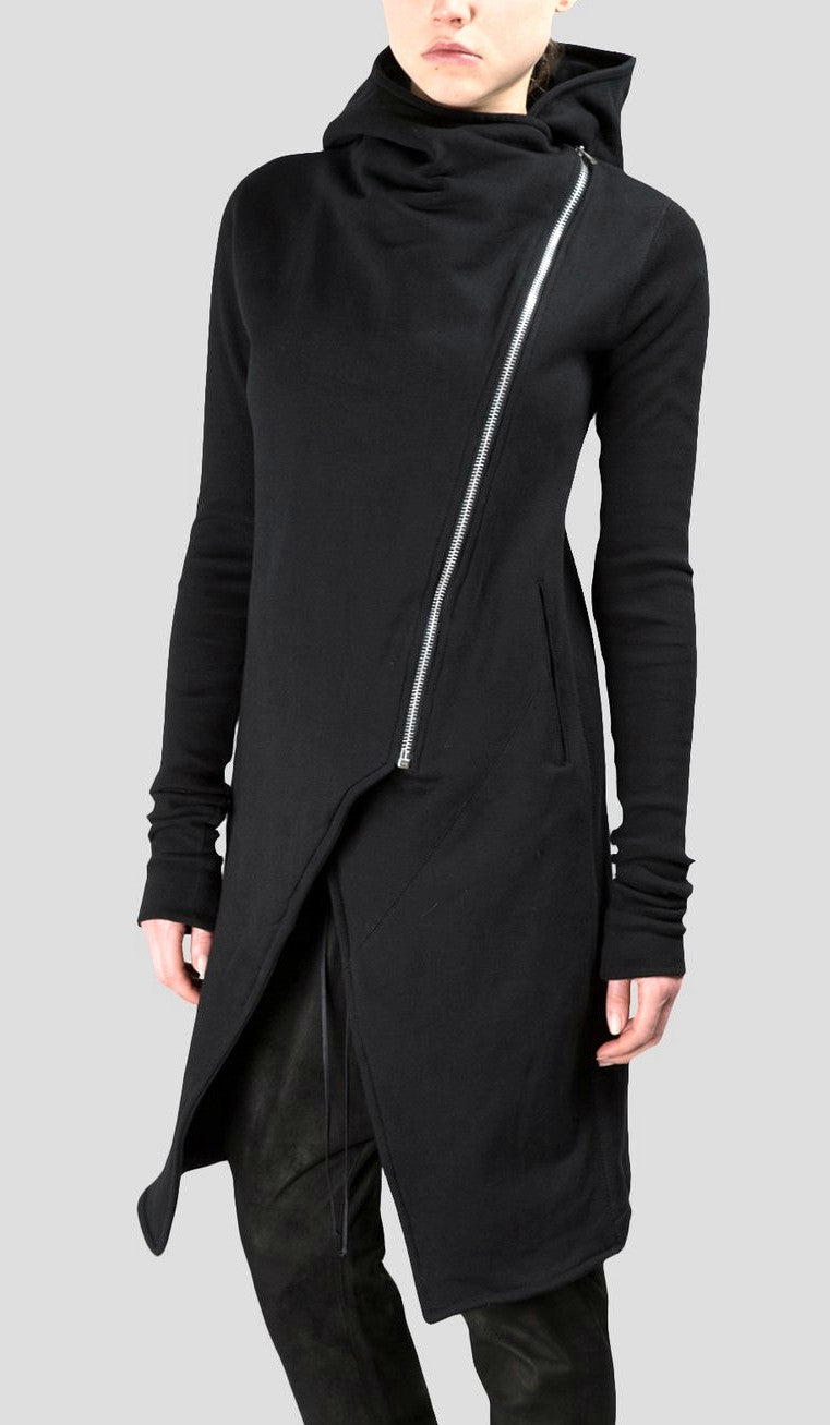 Asymmetric Front Cut Zip Closure/Overlong Rib Sleeve Hoodie -BB121 - Ofelya Boutique